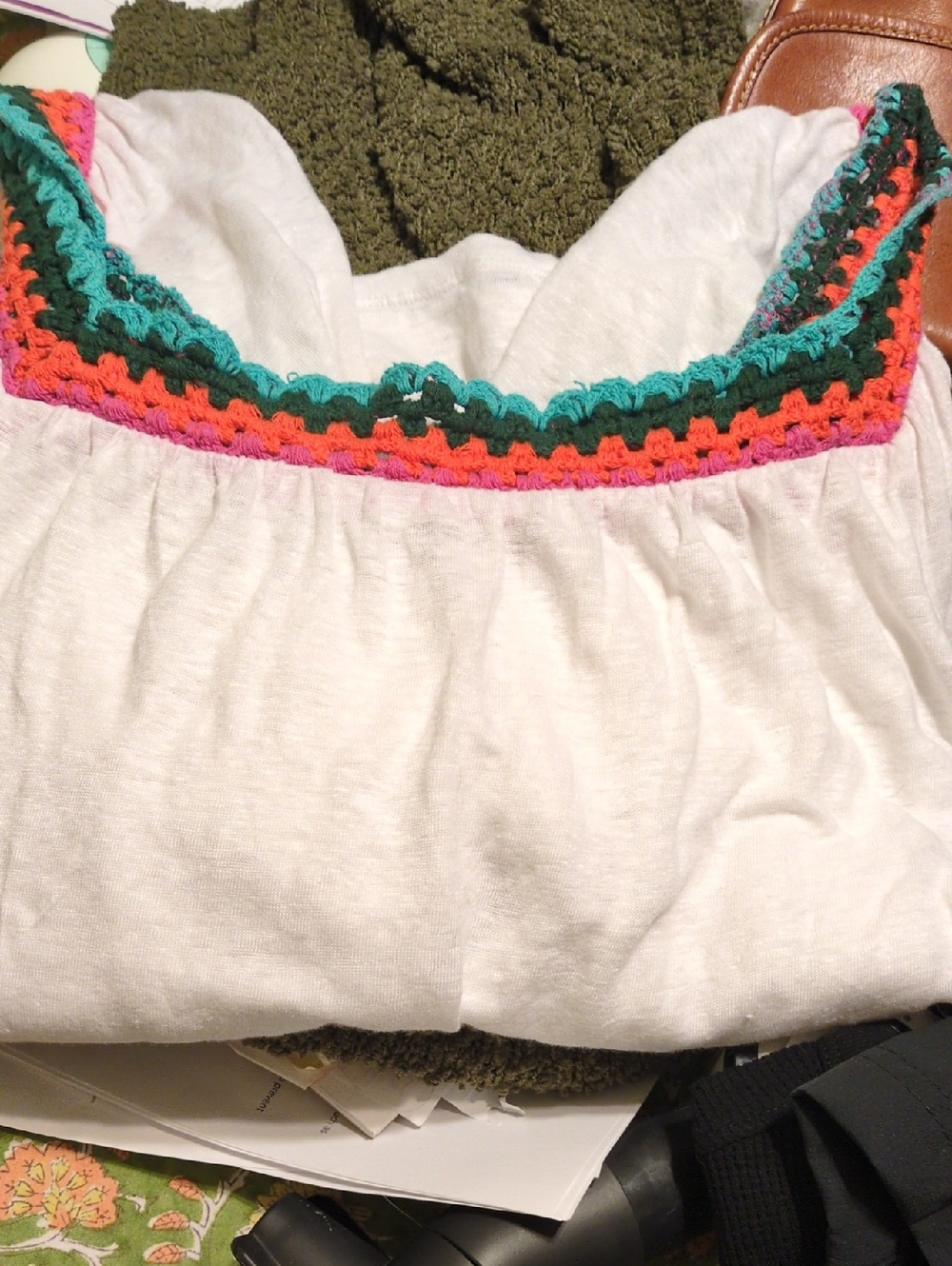 Boden White Top with Pink and Orange Crochet Trim